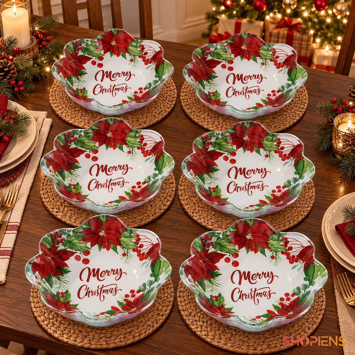 Set 6 boluri din sticlă cu floarea Crăciunului și mesaj festiv, Ø23,5 cm, 800 ml, pe masa festivă, decor neinclus | Shopiens®