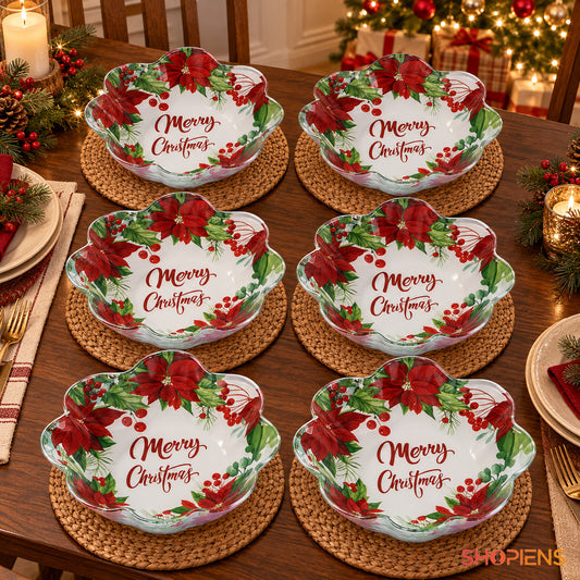 Set 6 boluri din sticlă cu floarea Crăciunului și mesaj festiv, Ø23,5 cm, 800 ml, pe masa festivă, decor neinclus | Shopiens®