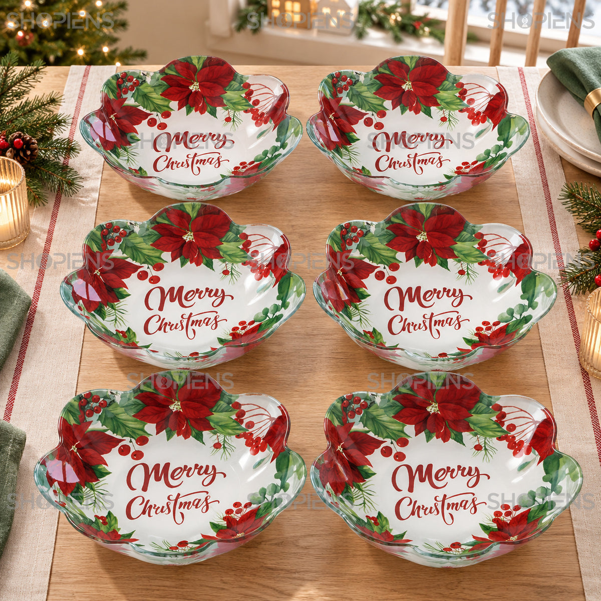 Set 6 boluri din sticlă cu floarea Crăciunului și mesaj festiv, Ø23,5 cm, 800 ml, în decor de Crăciun, decor neinclus | Shopiens®