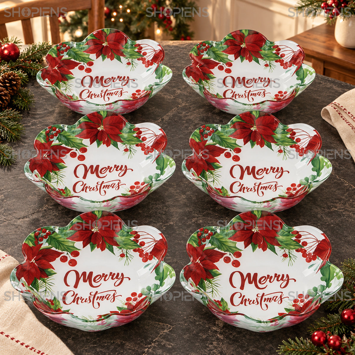 Set 6 boluri din sticlă cu floarea Crăciunului și mesaj festiv, Ø23,5 cm, 800 ml, detaliu al designului, decor neinclus | Shopiens®