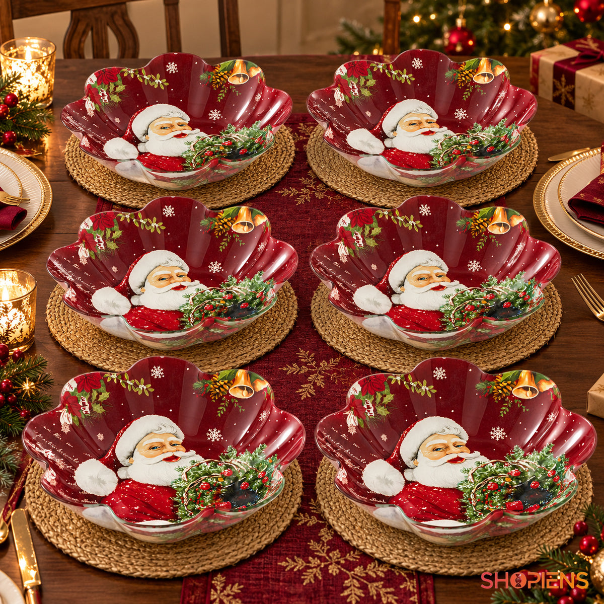 Set 6 boluri festive din sticlă cu Moș Crăciun și fulgi, Ø23 cm, 800 ml, pe masa festivă, decor neinclus | Shopiens®