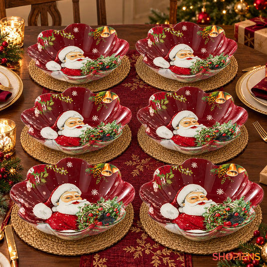 Set 6 boluri festive din sticlă cu Moș Crăciun și fulgi, Ø23 cm, 800 ml, pe masa festivă, decor neinclus | Shopiens®