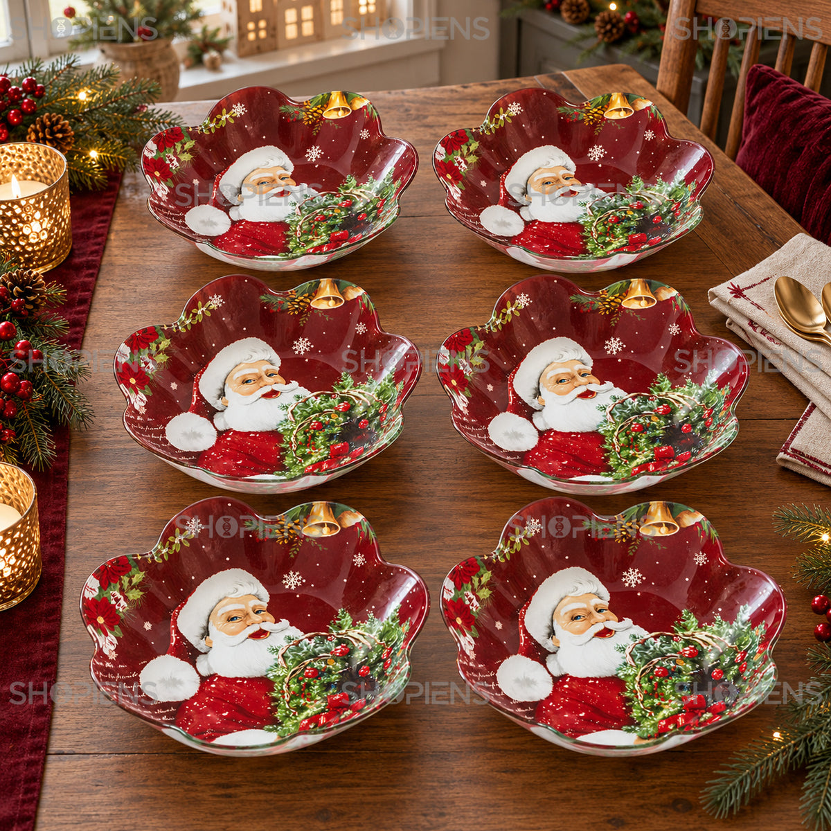 Set 6 boluri festive din sticlă cu Moș Crăciun și fulgi, Ø23 cm, 800 ml, în decor de Crăciun, decor neinclus | Shopiens®
