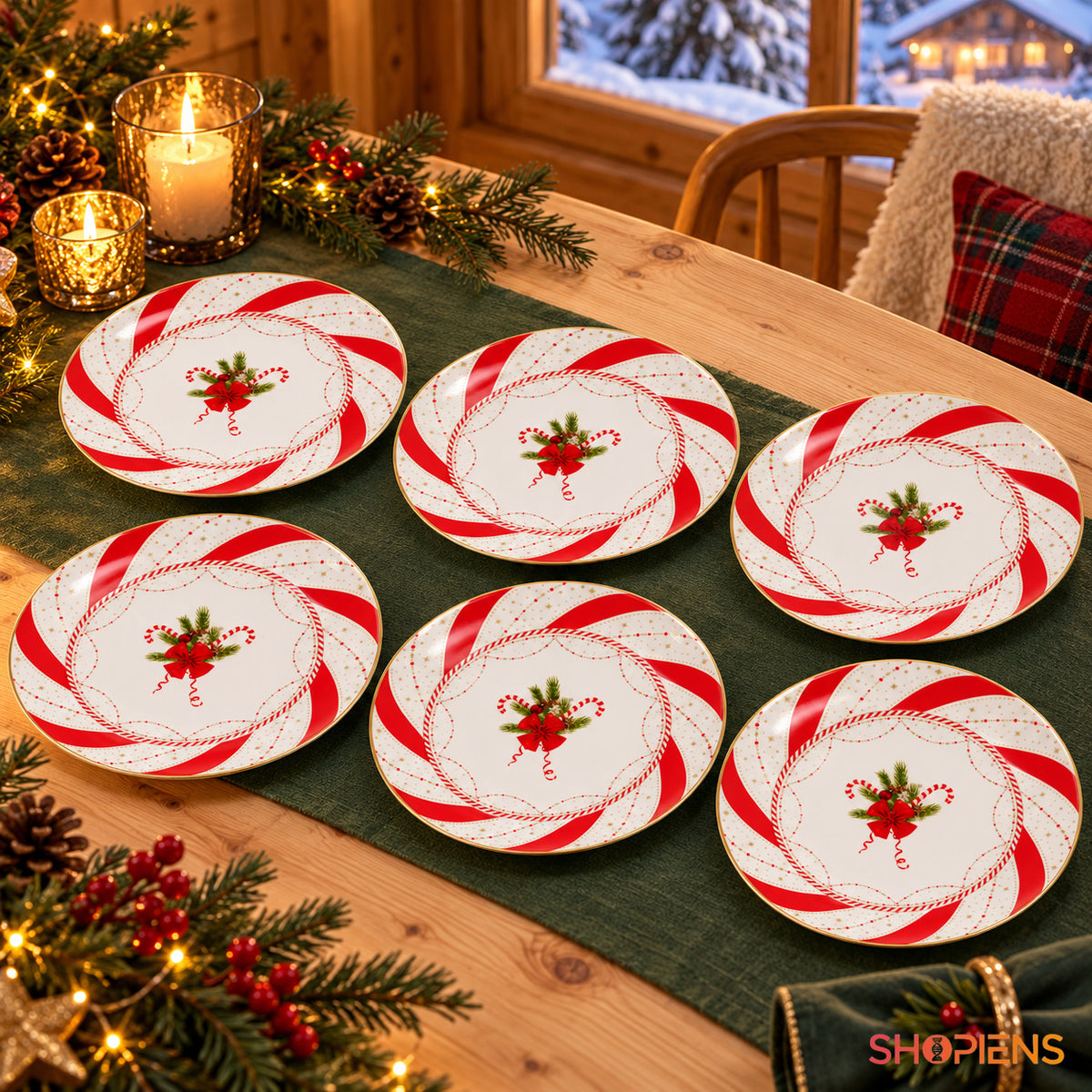 Set 6 farfurii din porțelan cu crenguțe, fundă și acadele, Ø19 cm, pe masa festivă de Crăciun, decor neinclus | Shopiens®