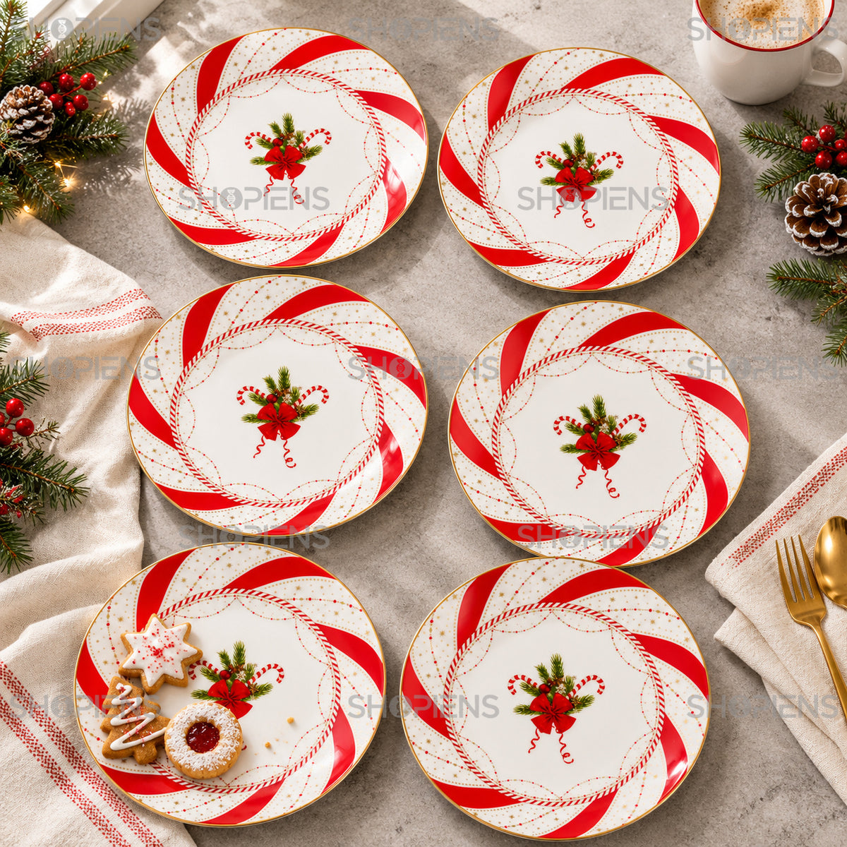 Set 6 farfurii din porțelan cu crenguțe, fundă și acadele, Ø19 cm, în decor alternativ de Crăciun, decor neinclus | Shopiens®