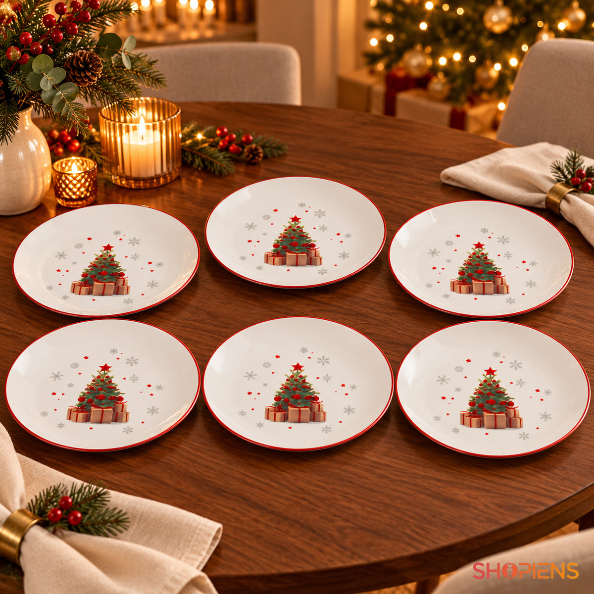 Set 6 farfurii din porțelan cu fulgi și brad de Crăciun, Ø19 cm, pe masa festivă de Crăciun, decor neinclus | Shopiens®