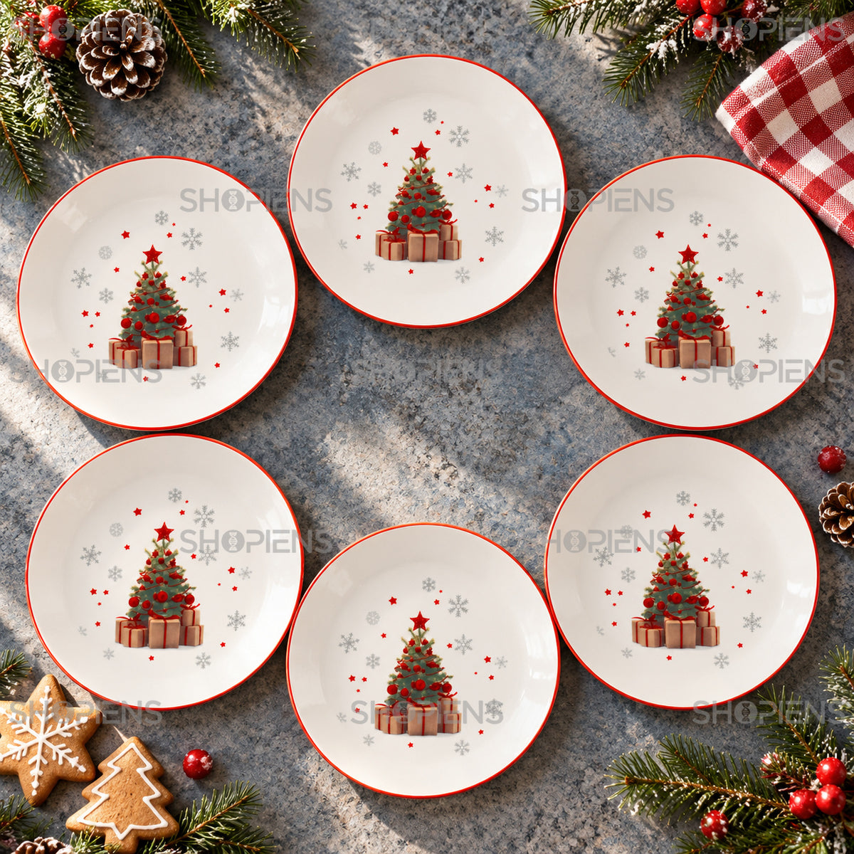 Set 6 farfurii din porțelan cu fulgi și brad de Crăciun, Ø19 cm, în decor alternativ de Crăciun, decor neinclus | Shopiens®
