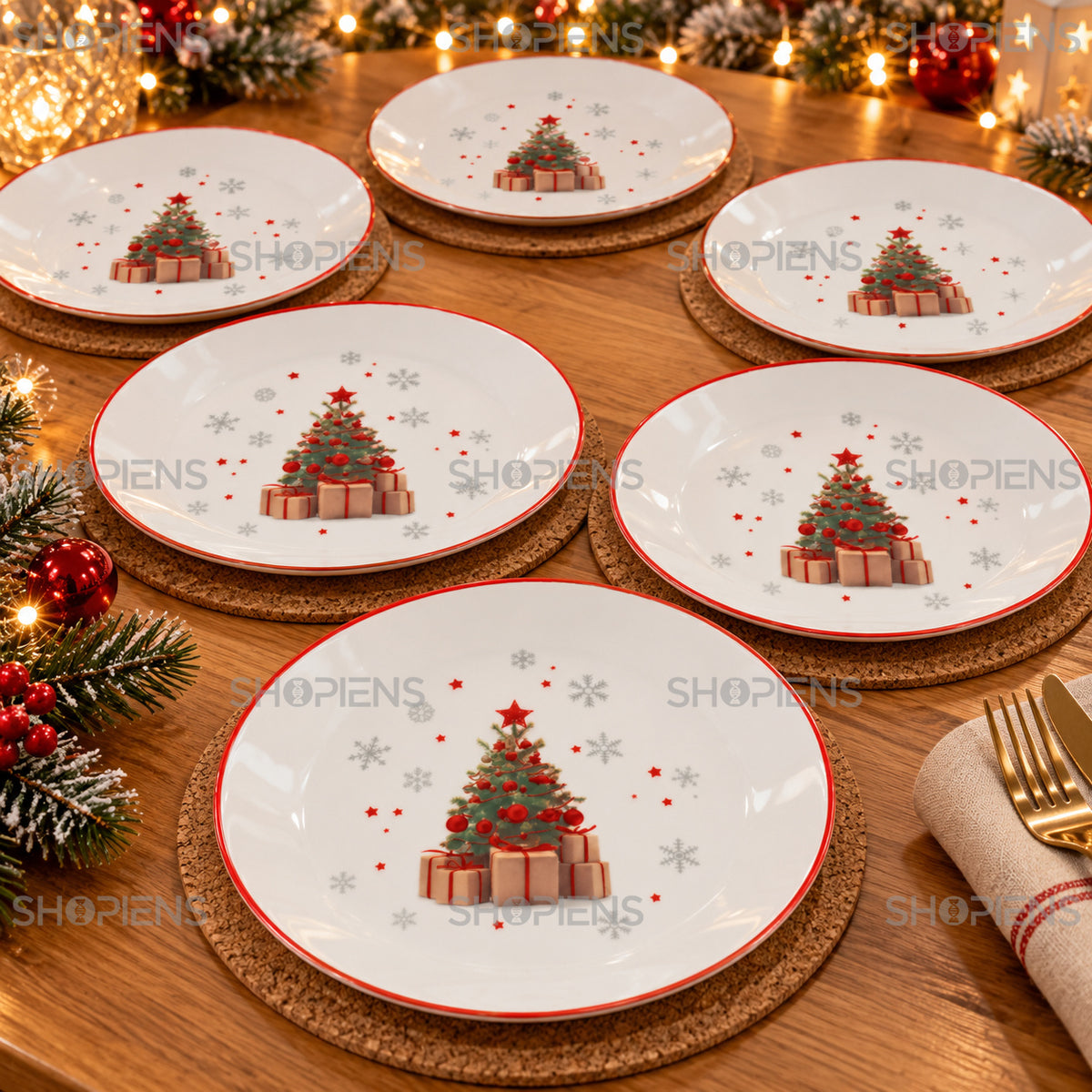 Set 6 farfurii din porțelan cu fulgi și brad de Crăciun, Ø19 cm, detaliu al imprimeului și marginii, decor neinclus | Shopiens®