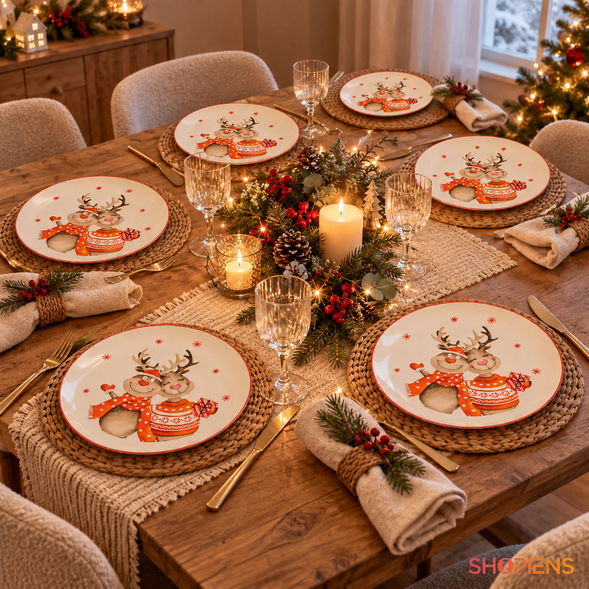 Set 6 farfurii din porțelan cu cerbi, fular și cadou, Ø19 cm, pe masa festivă de Crăciun, decor neinclus | Shopiens®