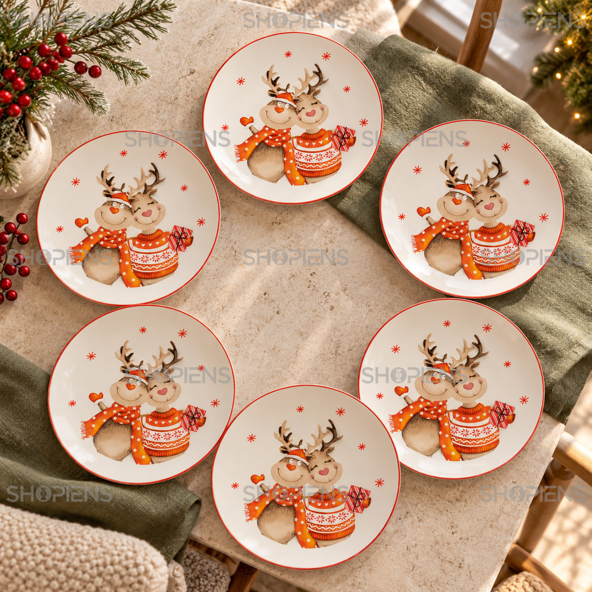 Set 6 farfurii din porțelan cu cerbi, fular și cadou, Ø19 cm, în decor alternativ de Crăciun, decor neinclus | Shopiens®