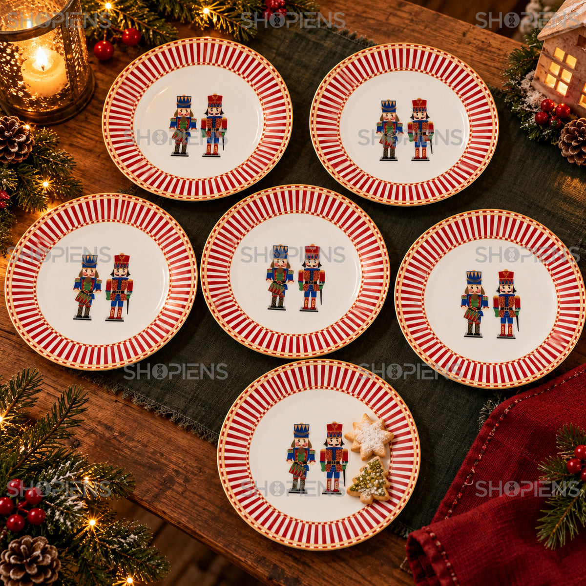 Set 6 farfurii din porțelan cu soldați și bordură în dungi, Ø19 cm, în decor alternativ de Crăciun, decor neinclus | Shopiens®