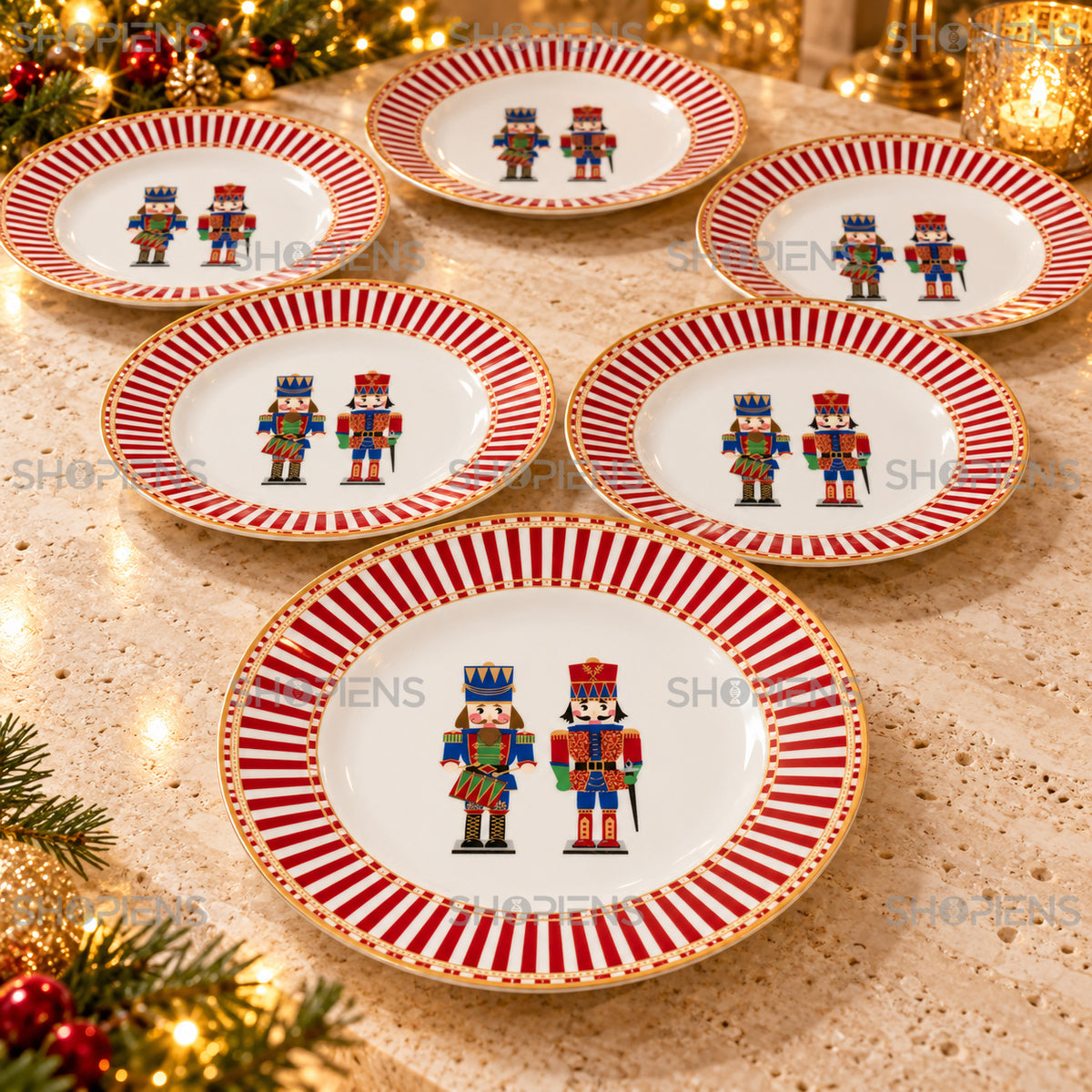 Set 6 farfurii din porțelan cu soldați și bordură în dungi, Ø19 cm, detaliu al imprimeului și marginii, decor neinclus | Shopiens®