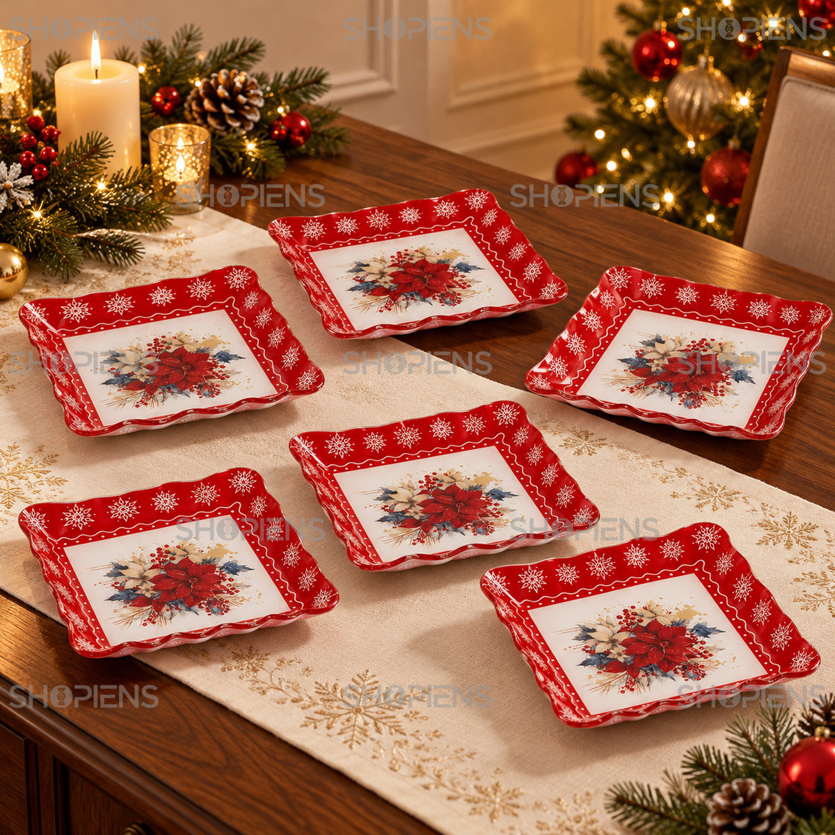 Set 6 farfurii de desert din sticlă cu crăciuniță, 17 × 17 cm, în decor alternativ de Crăciun, decor neinclus | Shopiens®