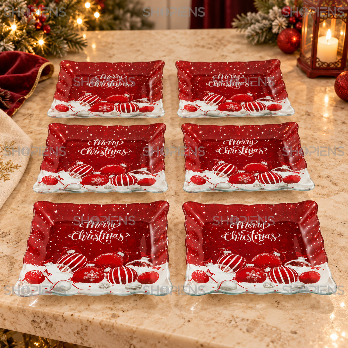 Set 6 farfurii de desert din sticlă cu globuri roșii, 17 × 17 cm, detaliu al imprimeului și marginii, decor neinclus | Shopiens®