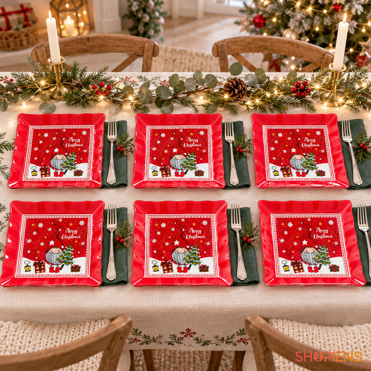 Set 6 farfurii de desert din sticlă cu gnom și brad, 17 × 17 cm, pe masa festivă de Crăciun, decor neinclus | Shopiens®