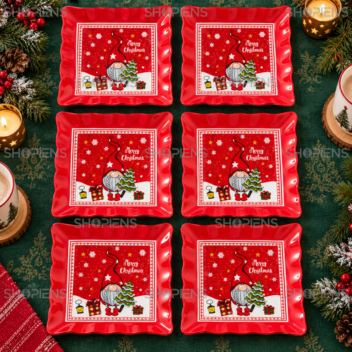 Set 6 farfurii de desert din sticlă cu gnom și brad, 17 × 17 cm, în decor alternativ de Crăciun, decor neinclus | Shopiens®