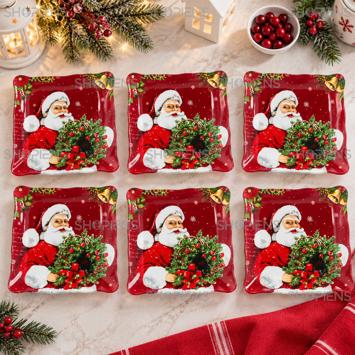 Set 6 farfurii din sticlă cu Moș Crăciun și coroniță, 17 × 17 cm, în decor alternativ de Crăciun, decor neinclus | Shopiens®