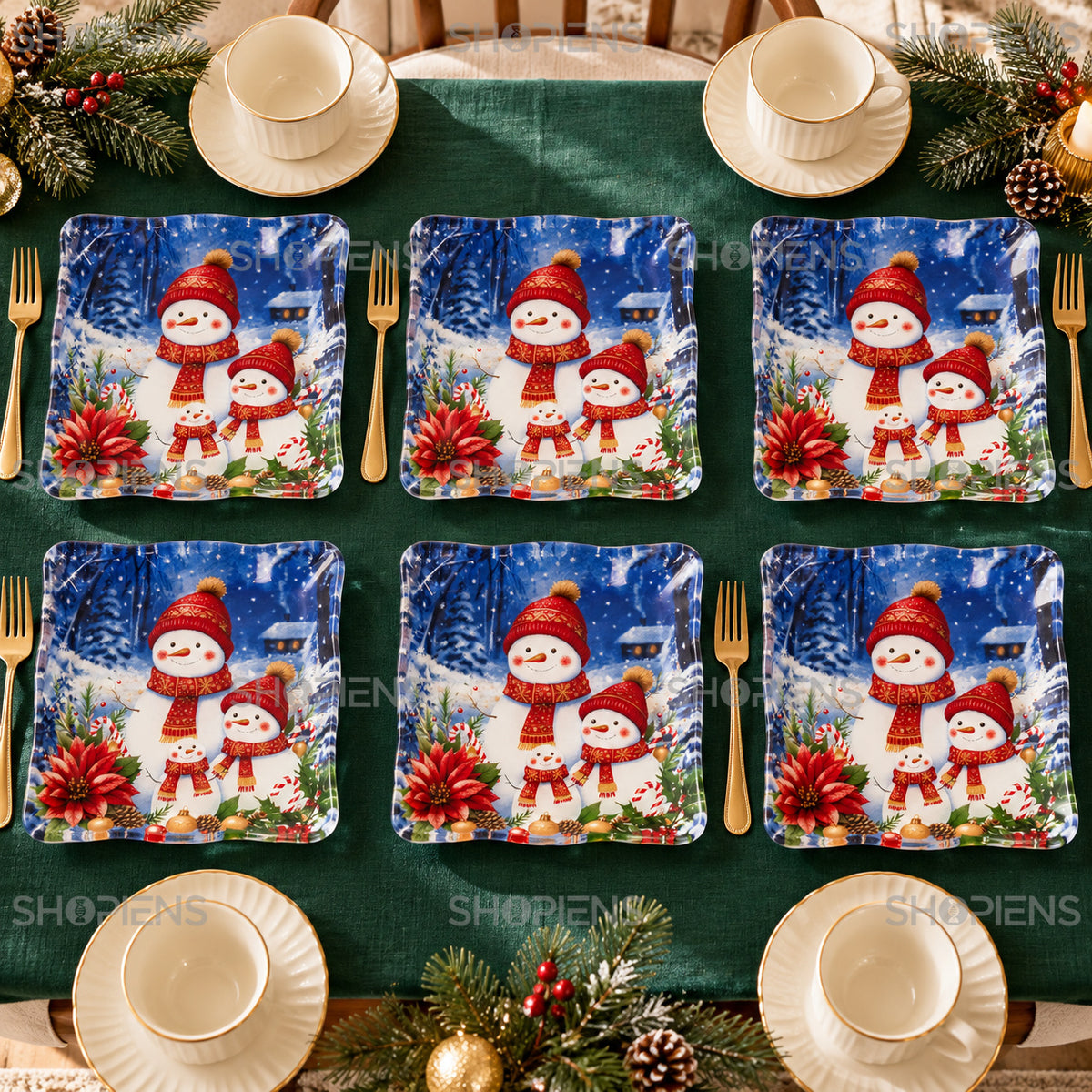 Set 6 farfurii de desert din sticlă cu oameni de zăpadă, 17 × 17 cm, în decor alternativ de Crăciun, decor neinclus | Shopiens®