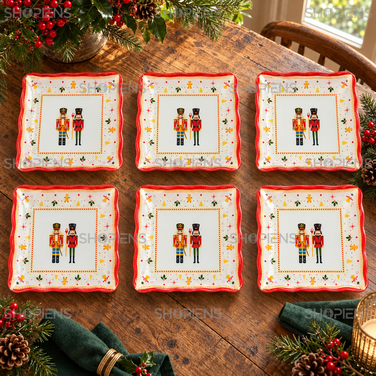 Set 6 farfurii din sticlă cu spărgători de nuci, 17 × 17 cm, în decor alternativ de Crăciun, decor neinclus | Shopiens®