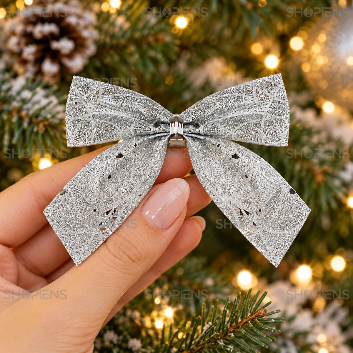 Set 6 fundițe argintii cu glitter, 9 × 9,5 cm, detaliu lifestyle, decor neinclus | Shopiens®