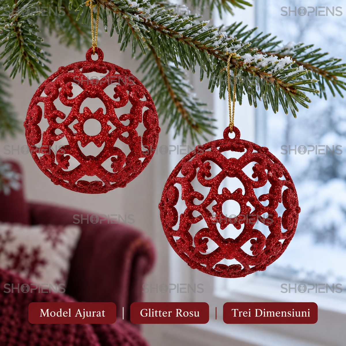 Set 6 Globuri Ajurate Rosii Pentru Brad, 8 Cm - avantaje - Shopiens