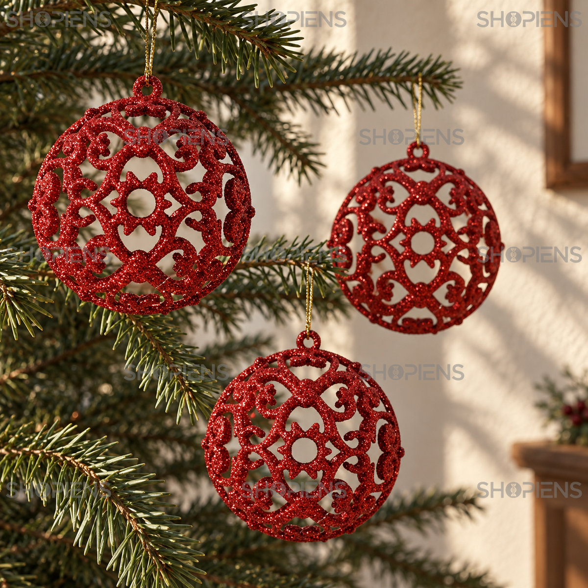 Set 6 Globuri Ajurate Rosii Pentru Brad, 8 Cm - in folosinta 2 - Shopiens