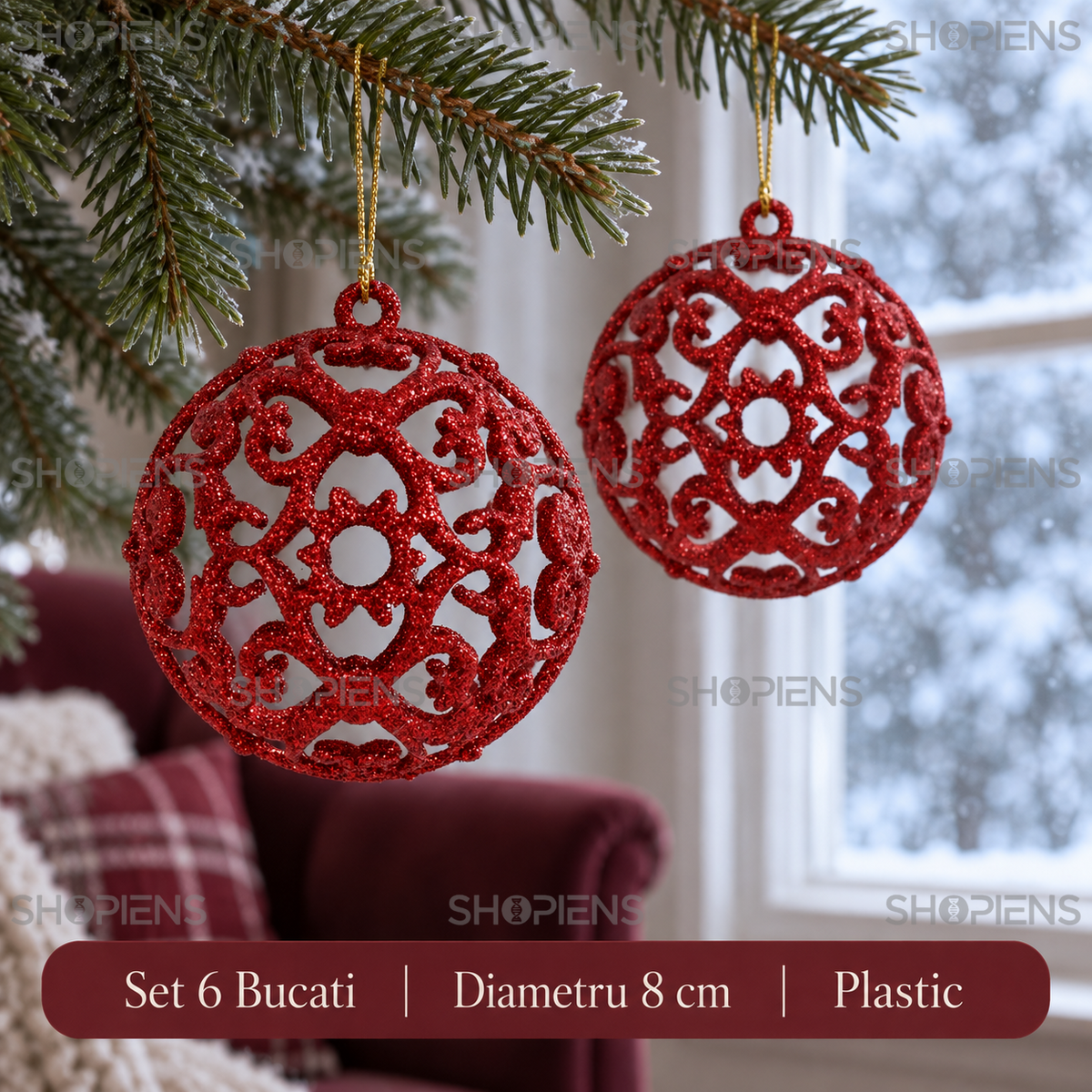 Set 6 Globuri Ajurate Rosii Pentru Brad, 8 Cm - specificatii - Shopiens