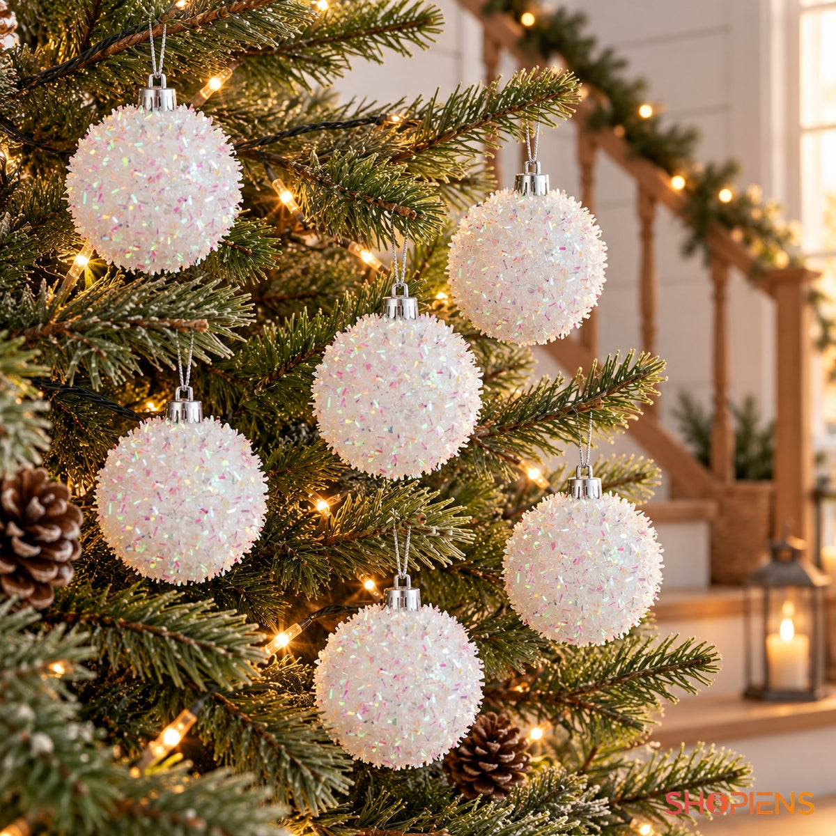 Set 6 globuri albe irizate, Ø6 cm, în bradul de Crăciun, decor neinclus | Shopiens®
