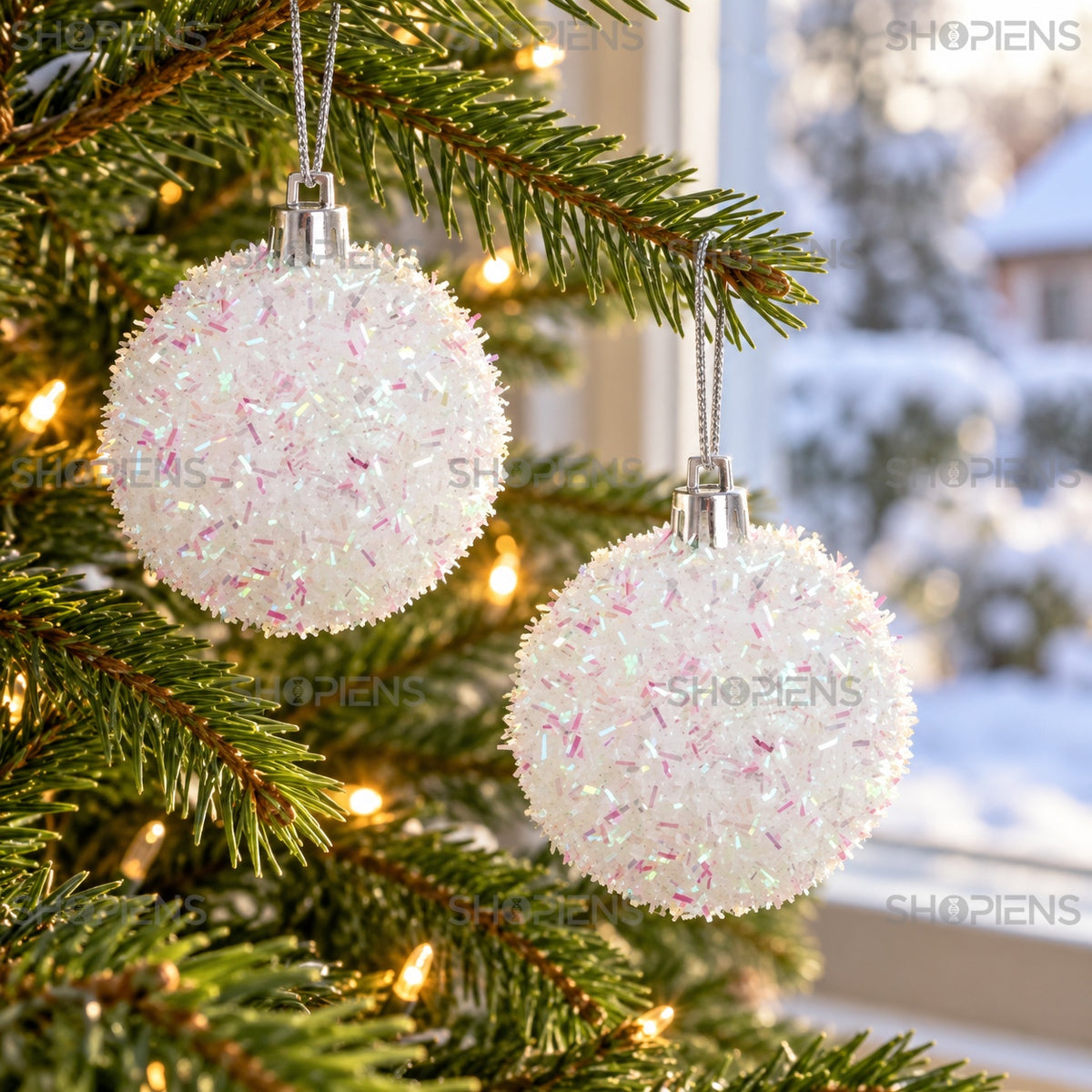 Set 6 globuri albe irizate, Ø6 cm, detaliu apropiat, decor neinclus | Shopiens®