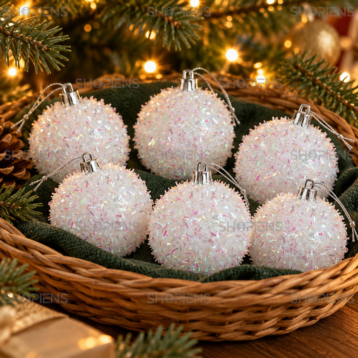 Set 6 globuri albe irizate, Ø6 cm, aranjament festiv, decor neinclus | Shopiens®