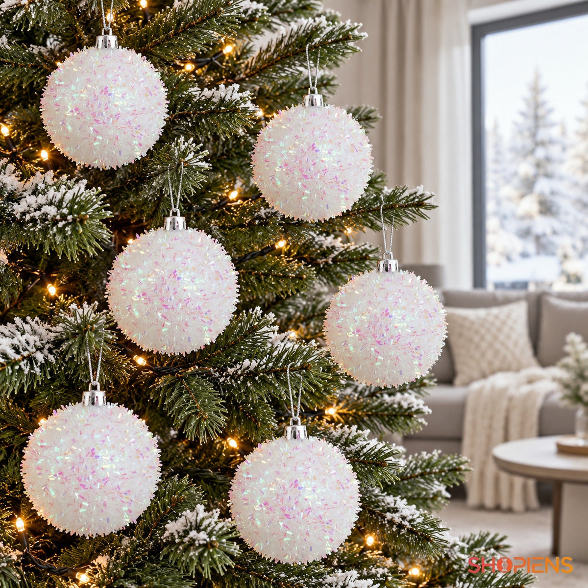 Set 6 globuri albe irizate, Ø8 cm, în bradul de Crăciun, decor neinclus | Shopiens®