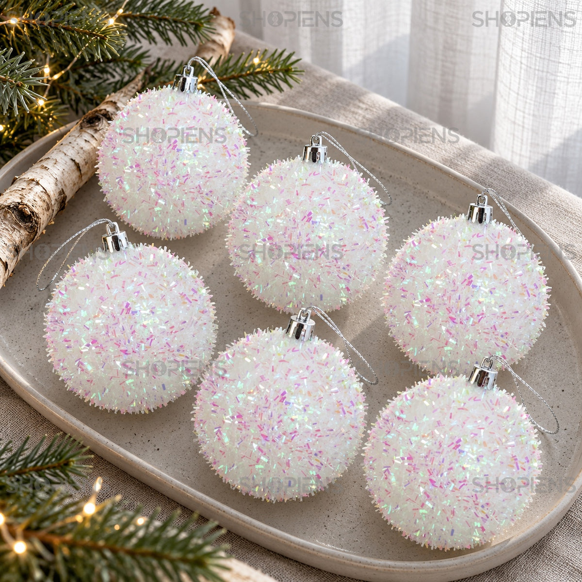 Set 6 globuri albe irizate, Ø8 cm, aranjament festiv, decor neinclus | Shopiens®