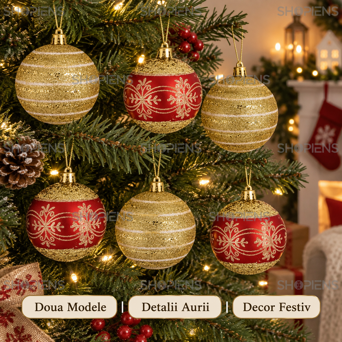 Set 6 Globuri Aurii Si Rosii Cu Arabescuri, 8 Cm - avantaje - Shopiens