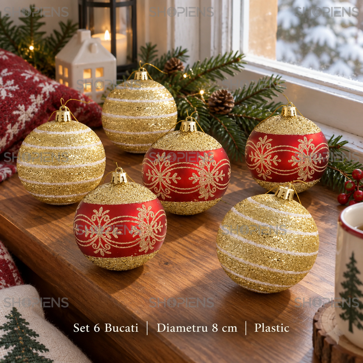 Set 6 Globuri Aurii Si Rosii Cu Arabescuri, 8 Cm - specificatii - Shopiens