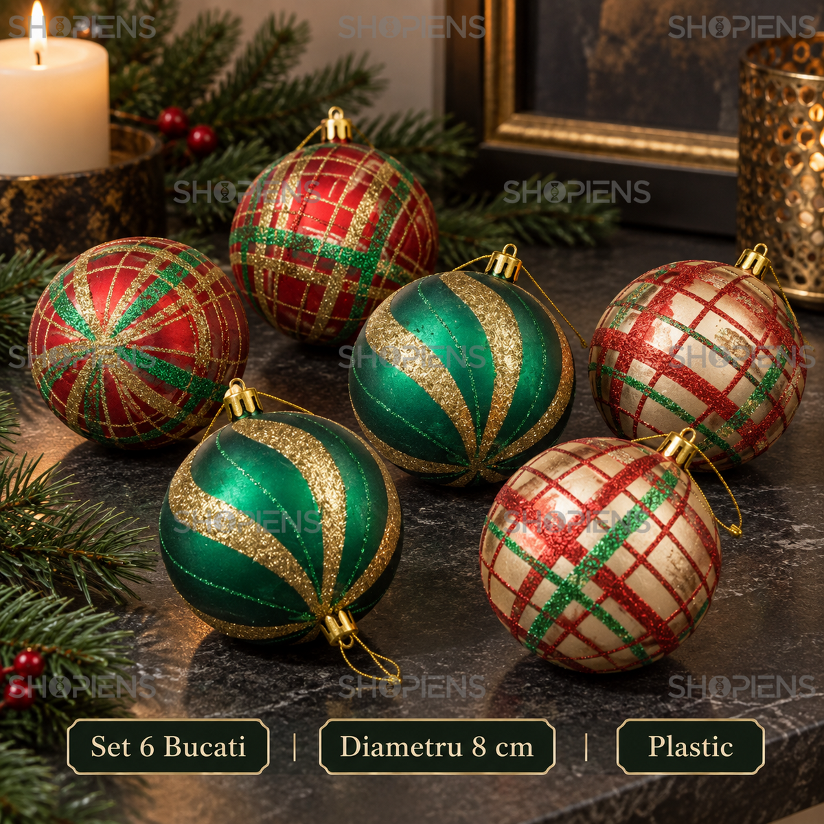 Set 6 Globuri In Carouri Si Spirale Festive, 8 Cm - specificatii - Shopiens