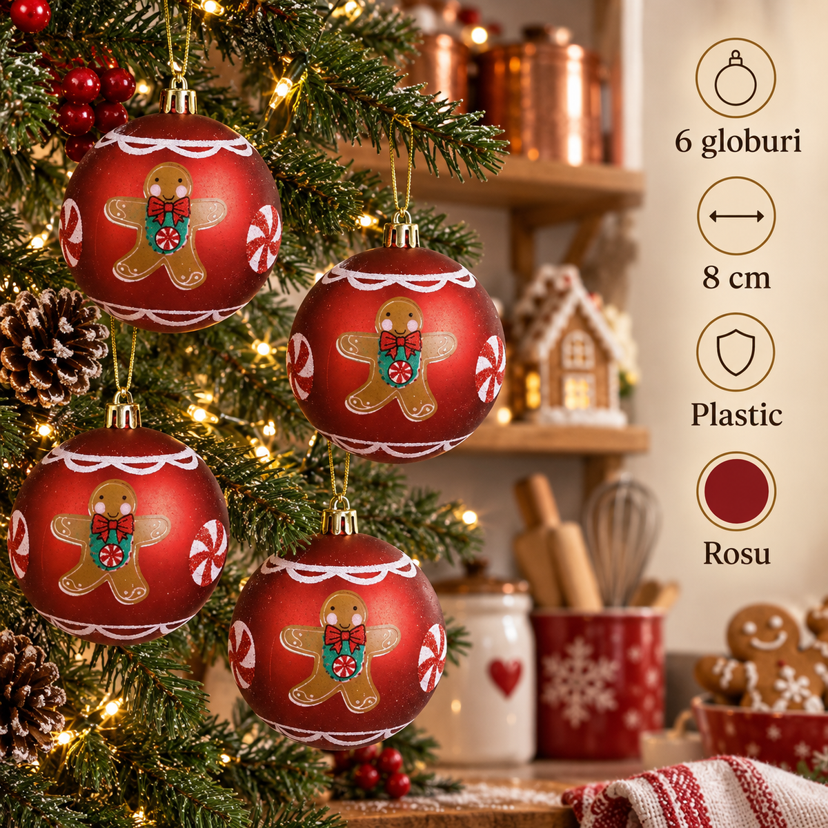 Set 6 Globuri Cu Oameni De Turta Dulce, 8 Cm - specificatii - Shopiens
