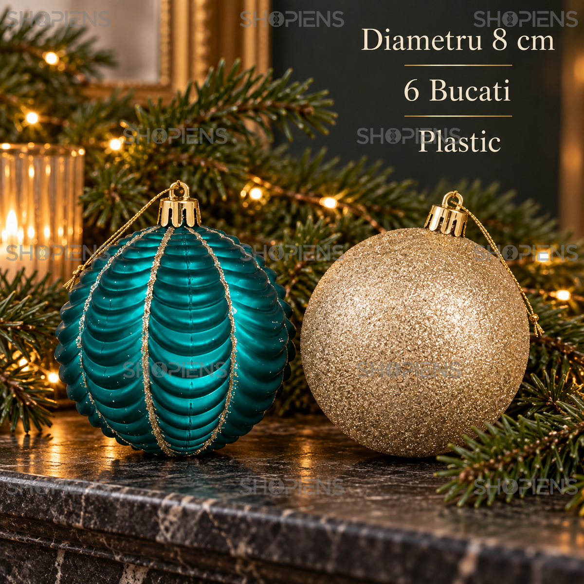 Set 6 Globuri Decorative Petrol-Sampanie Cu Glitter, 8 Cm - specificatii - Shopiens
