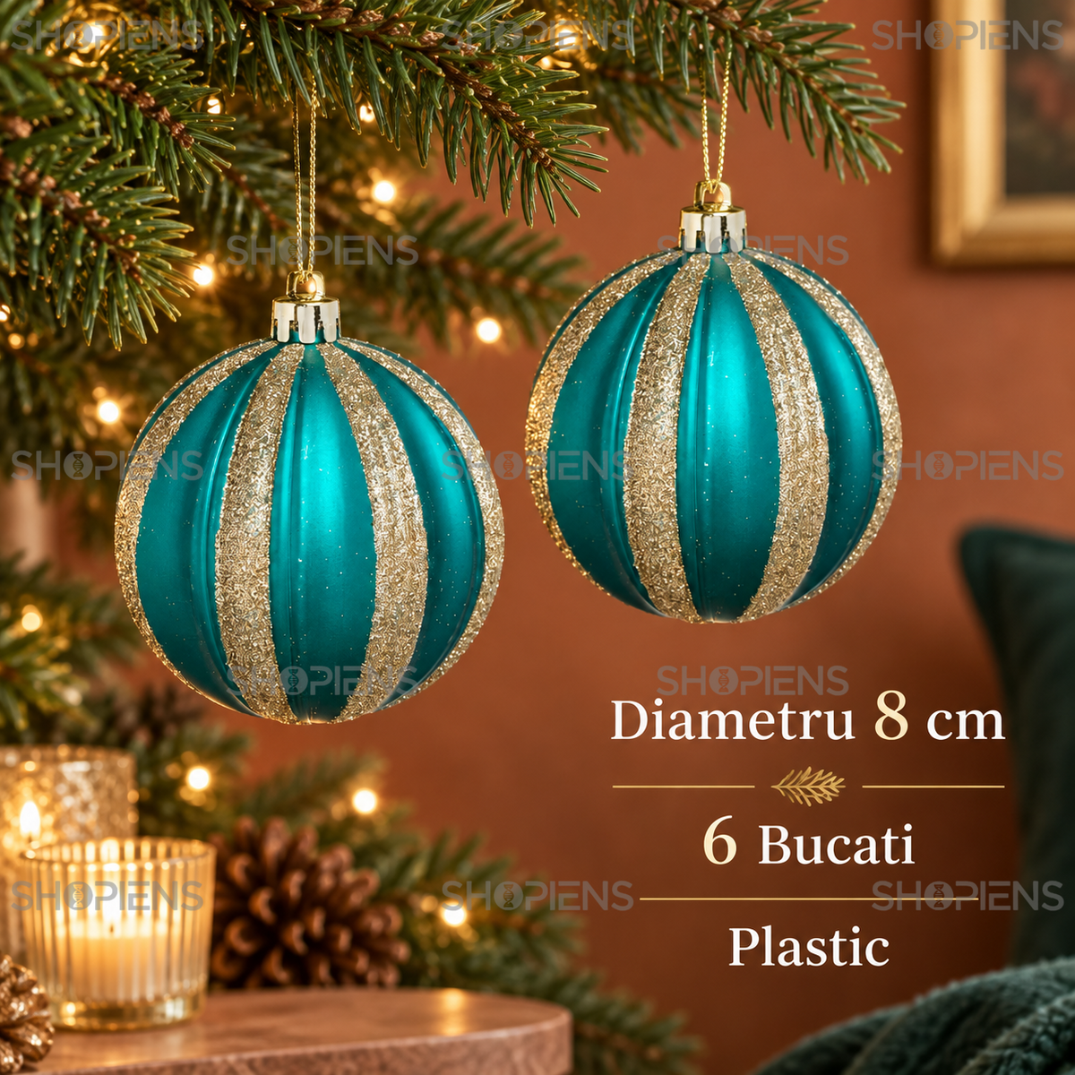 Set 6 Globuri Petrol Cu Dungi Reliefate Sampanie, 8 Cm - specificatii - Shopiens