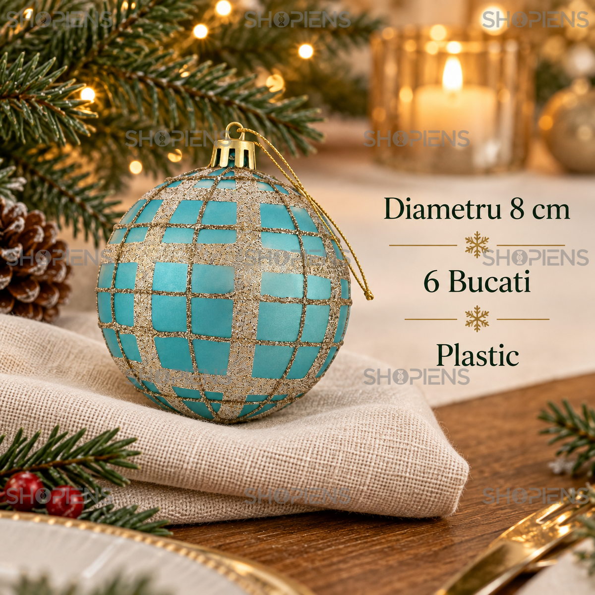 Set 6 Globuri Petrol Mat Cu Carouri Sampanie, 8 Cm - specificatii - Shopiens
