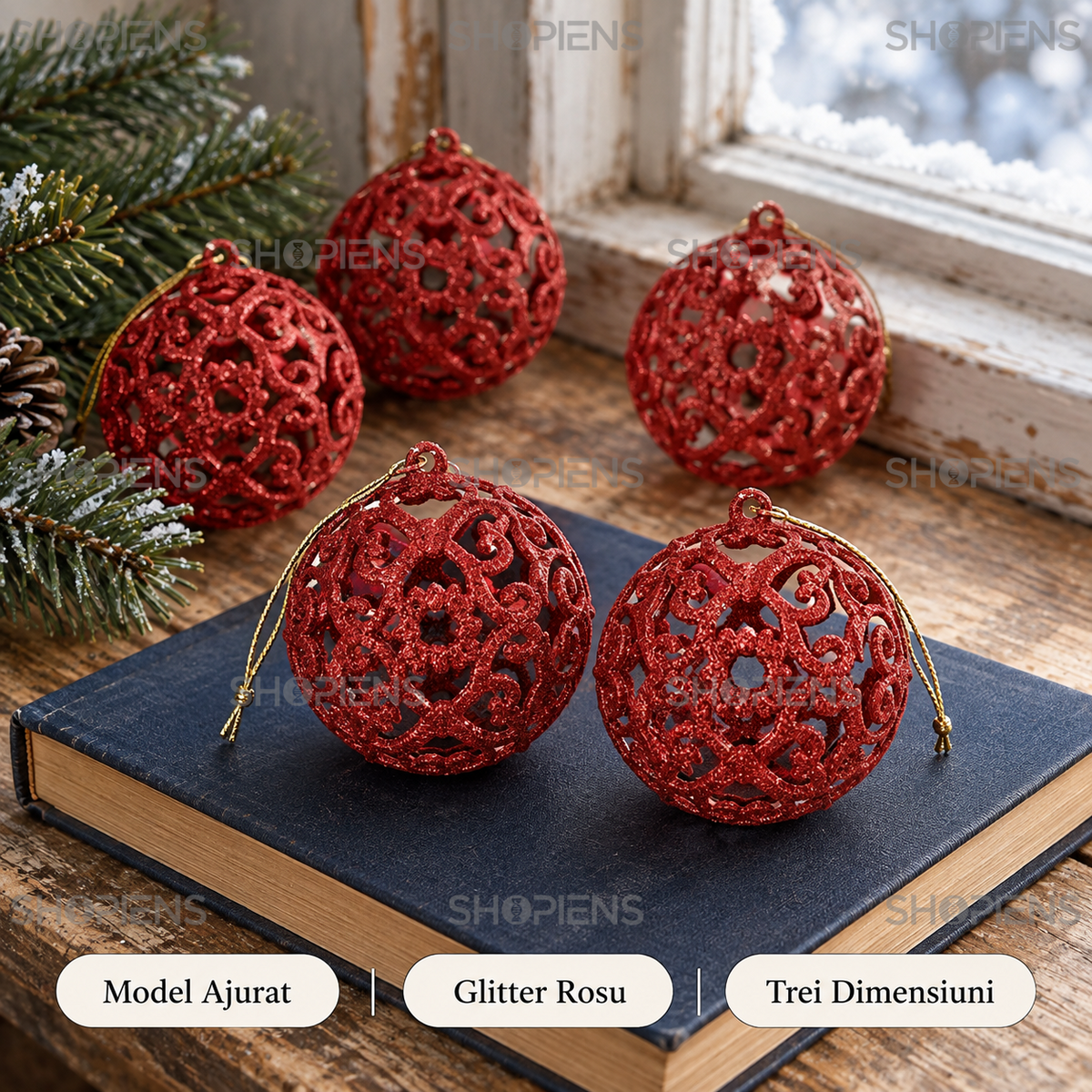 Set 6 Globuri Rosii Ajurate Cu Glitter, 6 Cm - avantaje - Shopiens