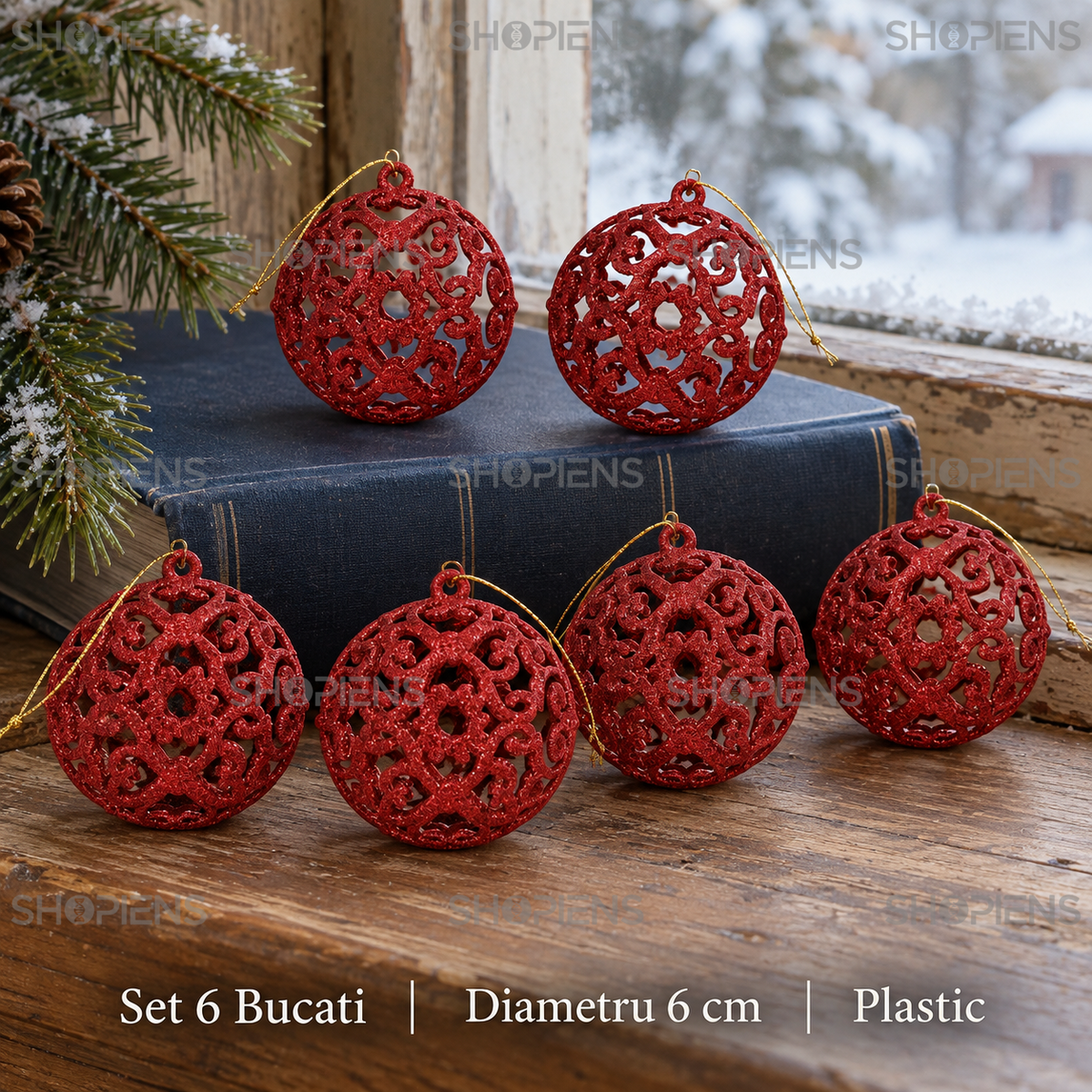 Set 6 Globuri Rosii Ajurate Cu Glitter, 6 Cm - specificatii - Shopiens