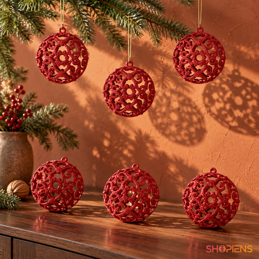Set 6 Globuri Rosii Cu Arabescuri Ajurate, 10 Cm - lifestyle principala - Shopiens
