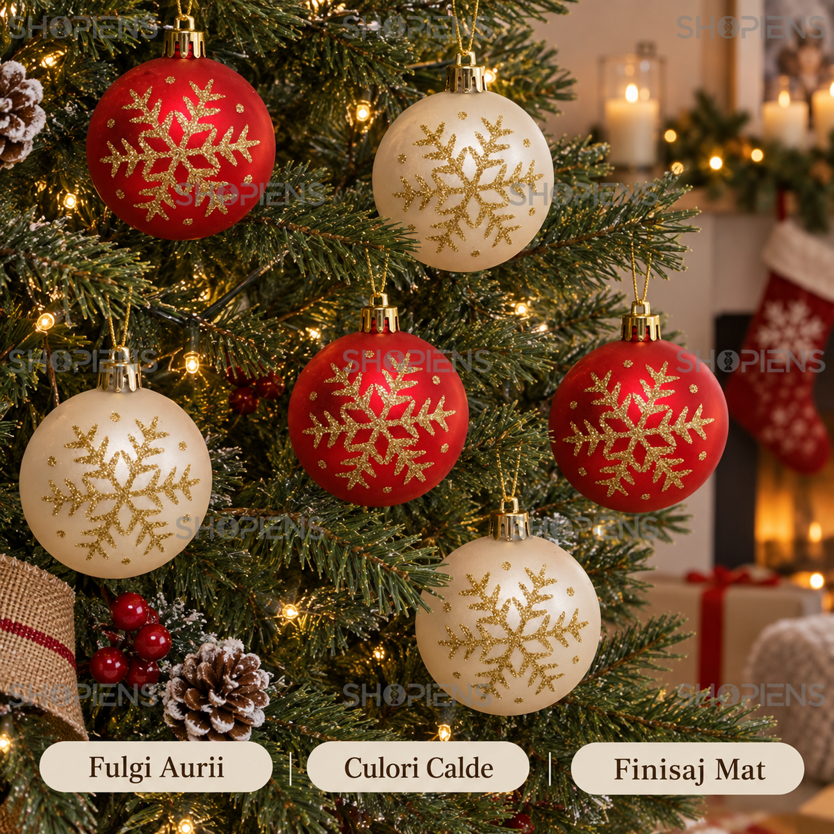 Set 6 Globuri Rosii Si Bej Cu Fulgi Aurii, 6 Cm - avantaje - Shopiens