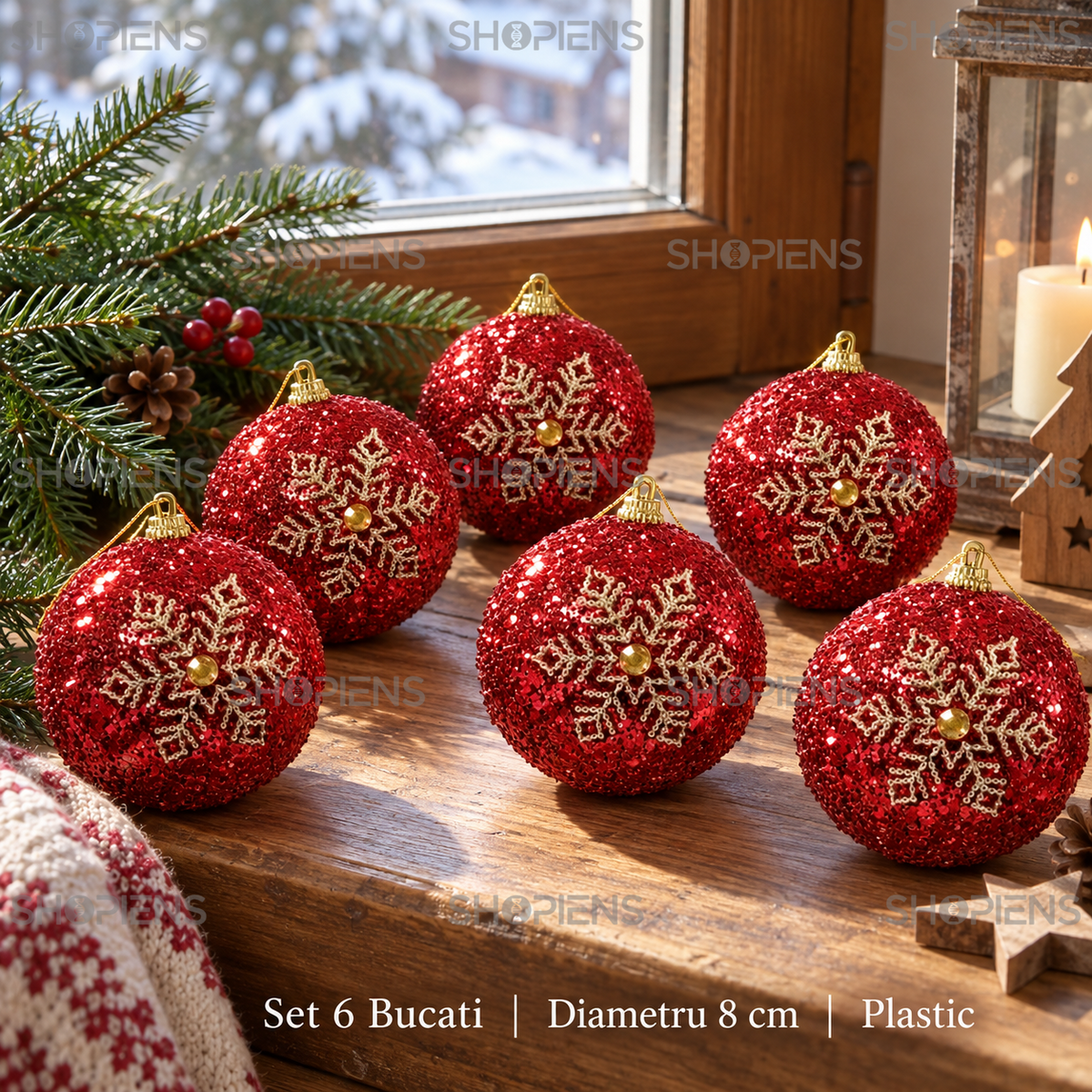 Set 6 Globuri Rosii Cu Paiete Si Fulg Auriu, 8 Cm - specificatii - Shopiens