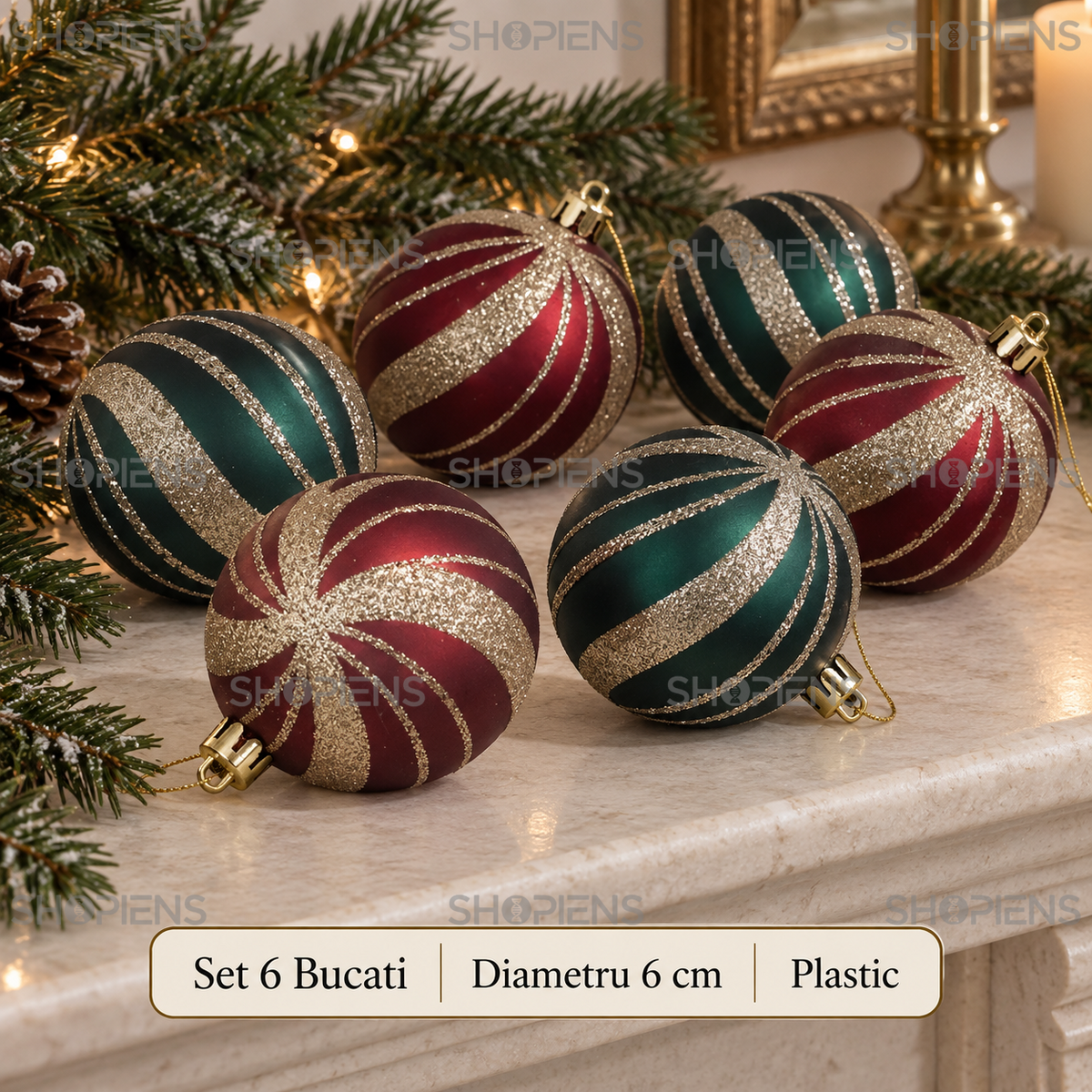 Set 6 Globuri Rosii Si Verzi Cu Dungi Sampanie, 6 Cm - specificatii - Shopiens