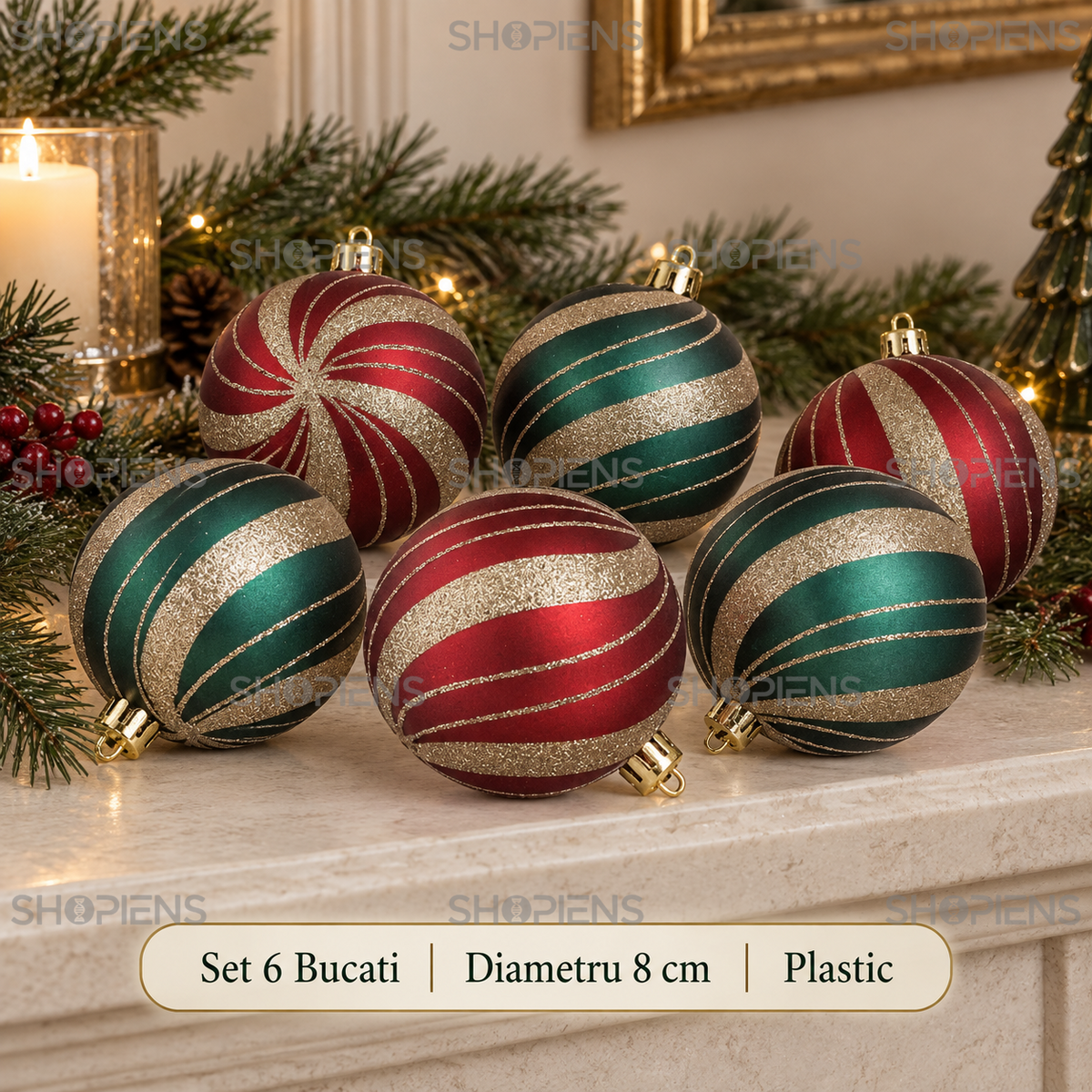 Set 6 Globuri Rosii Si Verzi Cu Dungi Sampanie, 8 Cm - specificatii - Shopiens