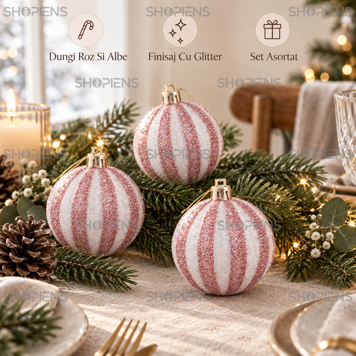 Set 6 Globuri Roz Alb Cu Dungi Glitter 6 Cm - avantaje - Shopiens