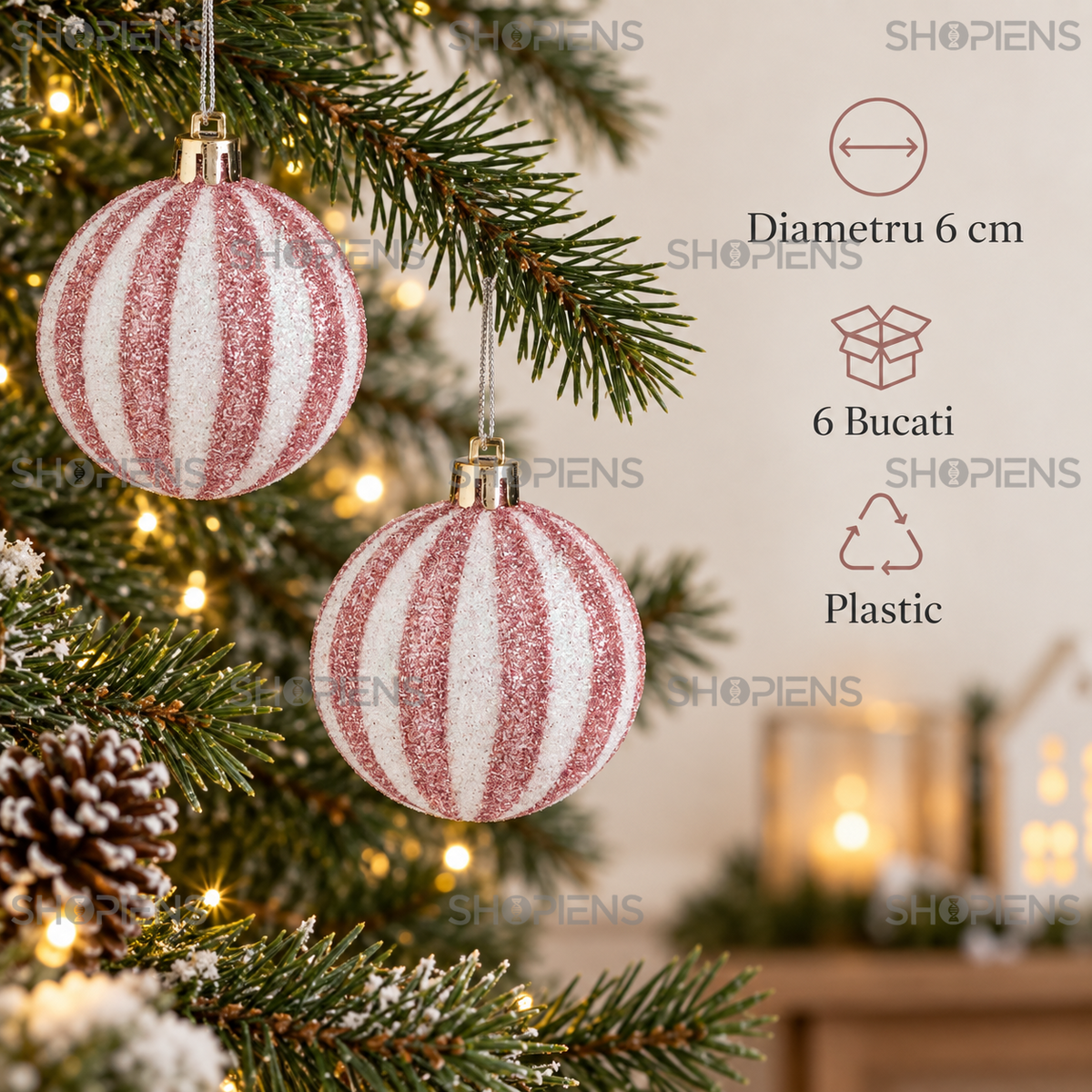 Set 6 Globuri Roz Alb Cu Dungi Glitter 6 Cm - specificatii - Shopiens