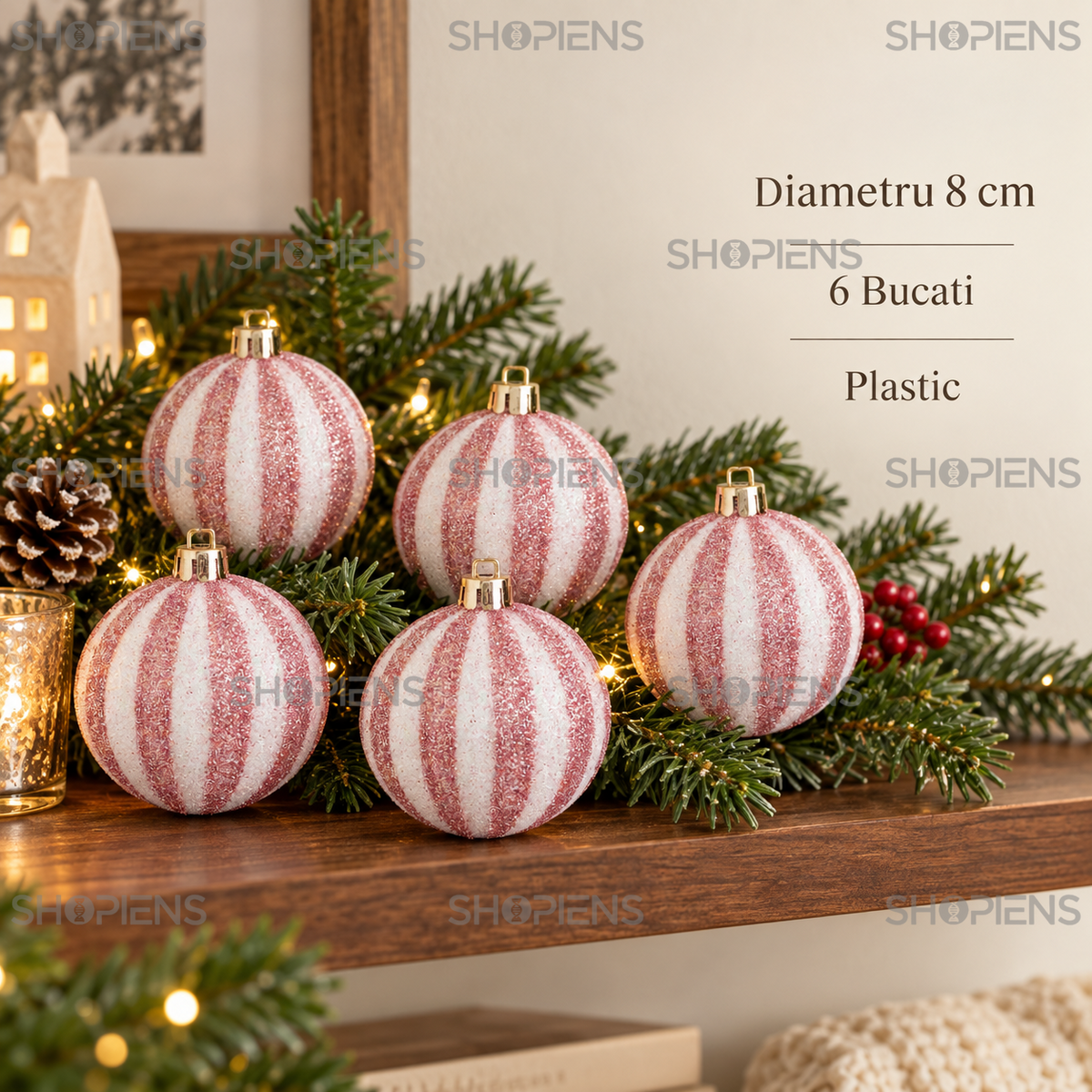 Set 6 Globuri Roz Alb Cu Dungi Glitter 8 Cm - specificatii - Shopiens