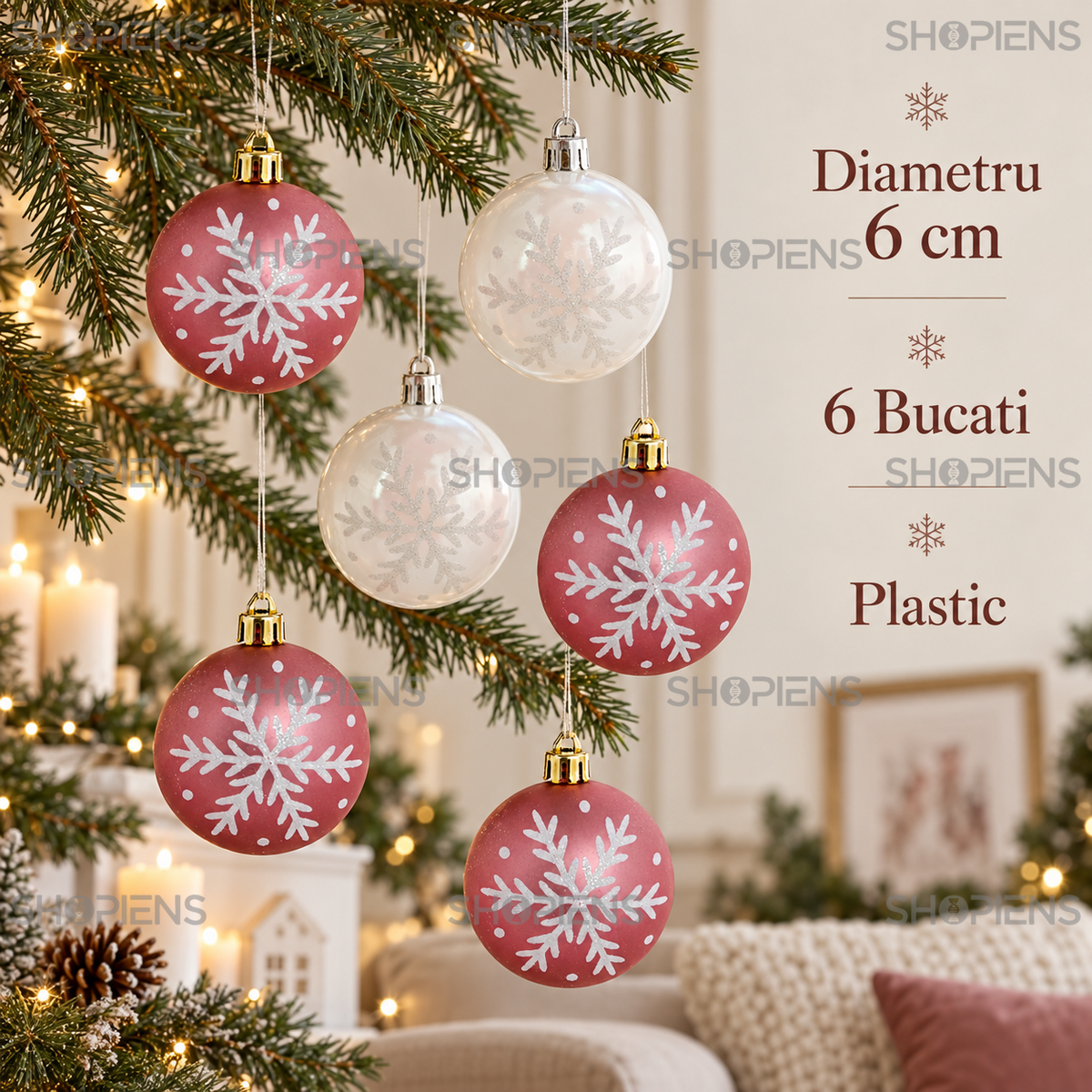 Set 6 Globuri Roz Si Albe Cu Fulgi Holografici 6 Cm - specificatii - Shopiens